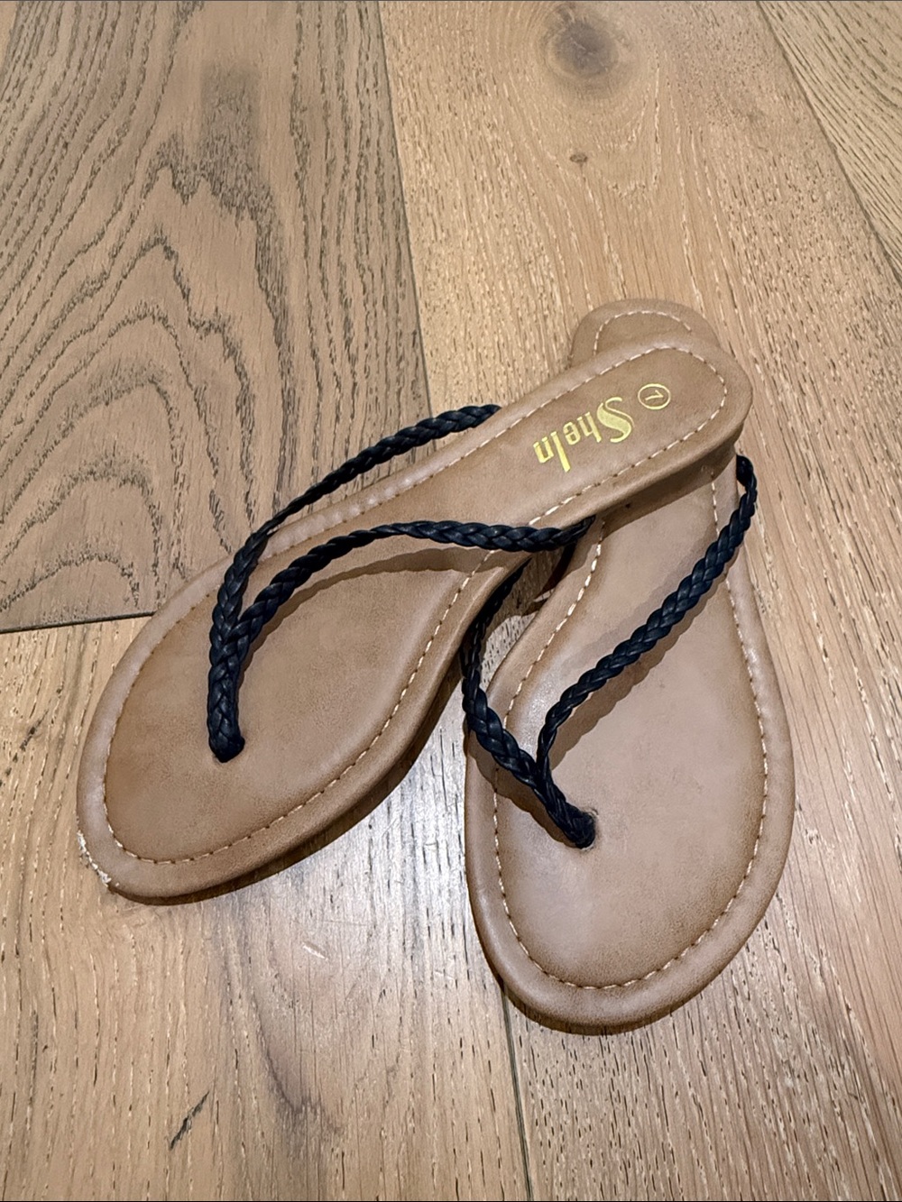 SHEIN Tan Footbed Flip Flops with Black Braided Straps size 7